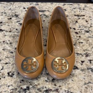 Tory Burch Camel Flats with Gold Emblem